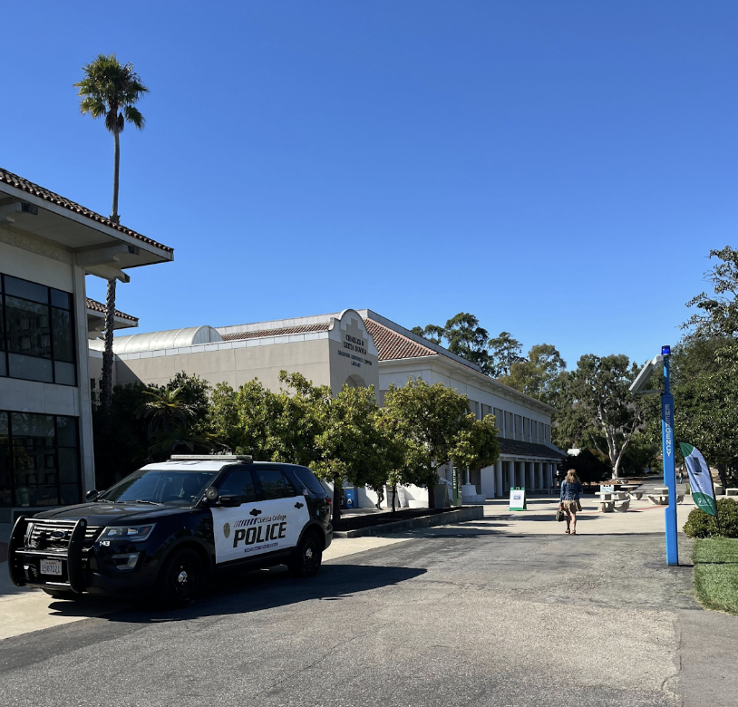 A Cuesta College Police Department vehicle sits outside the library on campus. 